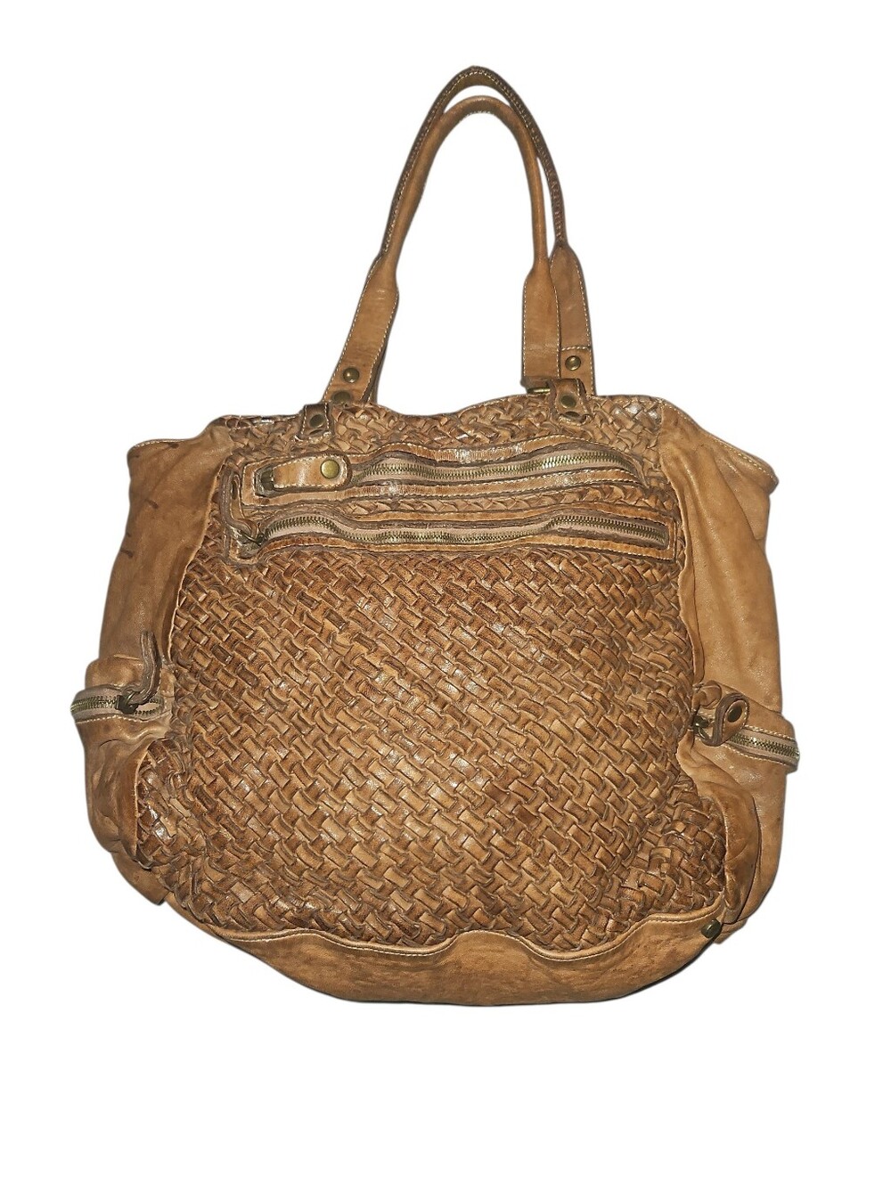 LANGELLOTTI Italian Distressed Leather Woven Tote Bag Large Crossbody Brown Hobo